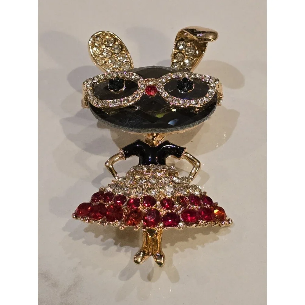 Rhinestone Bunny Rabbit Brooch Sunglasses Red Dress Gold Tone Cute Animal Pin
